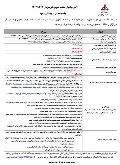 مناقصه احداث 9 کیلومتر خط پایداری و شبکه گذاری پراکنده شهری و روستایی