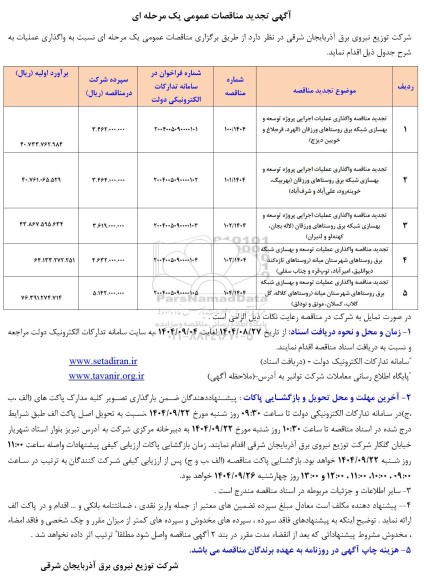 تجدید مناقصه واگذاری عملیات اجرایی پروژه توسعه و بهسازی شبکه برق روستاهای ...