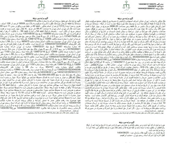 مزایده ششدانگ یک قطعه آپارتمان نوع ملک طلق با کاربری مسکونی به پلاک ثبتی 19509 فرعی از 126 اصلی