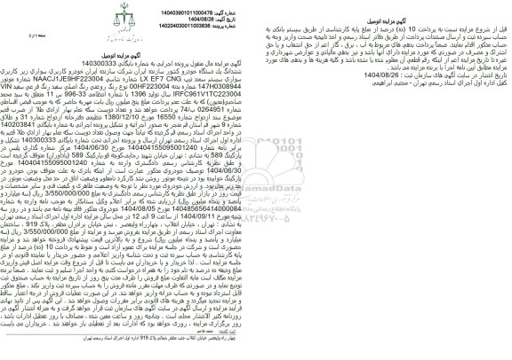 مزایده ششدانگ یک دستگاه خودرو سواری سیستم سمند تیپ LX EF7 CNG