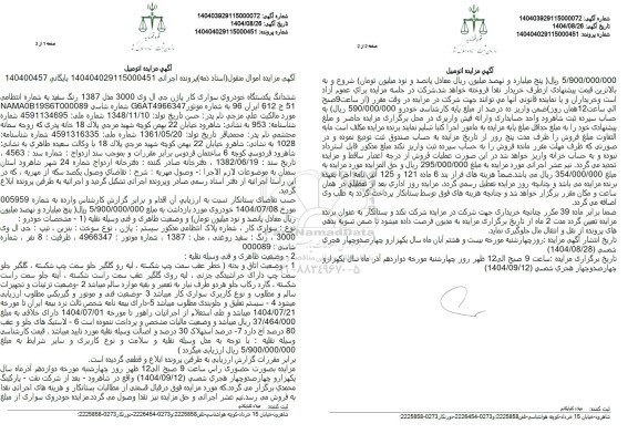 مزایده ششدانگ یک دستگاه خودروی سواری کار باژن جی ال وی
