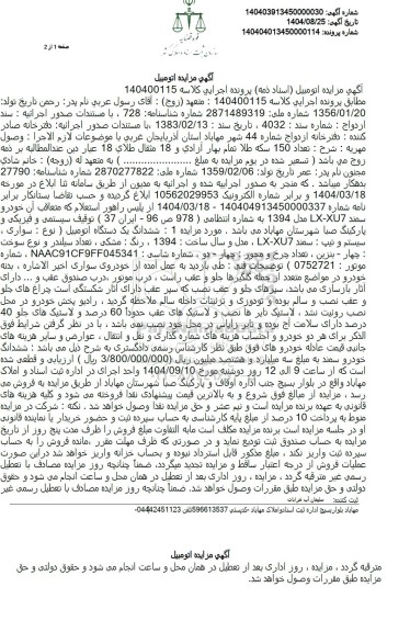 مزایده فروش ششدانگ یک دستگاه اتومبیل نوع: سواری ، سیستم و تیپ : سمند LX-XU7