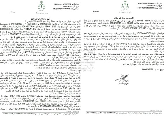 مزایده سه دانگ پلاک ثبتی مورد اشاره ( 9766/4877 بخش یک سمنان ) 