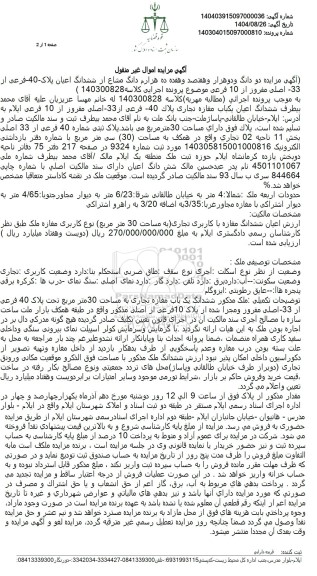 مزایده فروش ششدانگ اعیان یکباب مغازه تجاری پلاک 40 - فرعی از 33 اصلی