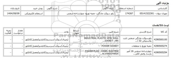 استعلام الکترونیکی، پاور سوکت مادگی- جعبه توزیع- چهارشاخه صنعتی