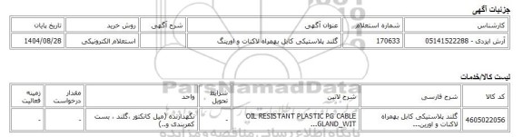 استعلام الکترونیکی، گلند پلاستیکی کابل بهمراه لاکنات و اورینگ