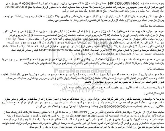 مزایده عرصه و اعیان مغازه (وضعیت خاص طلق) به شماره 592 فرعی از 3744 اصلی  قطعه 10 تفکیکی مفروز و مجزی شده از 128 فرعی از اصلی