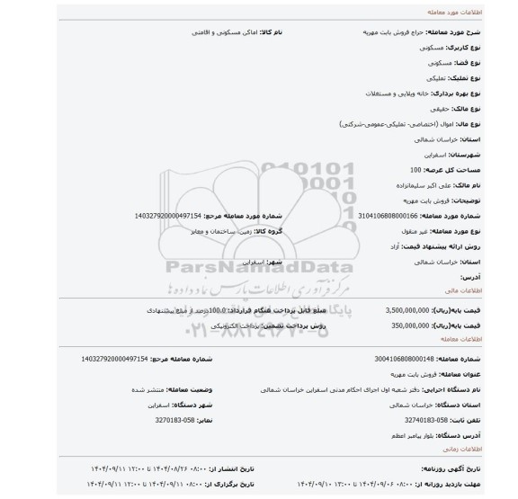 مزایده، فروش بابت مهریه