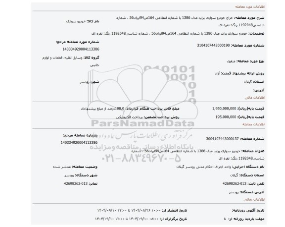 مزایده، خودرو سواری پراید مدل 1386 با شماره انتظامی 164ص94ایران56 ، شماره شاسی1192048 رنگ: نقره ای