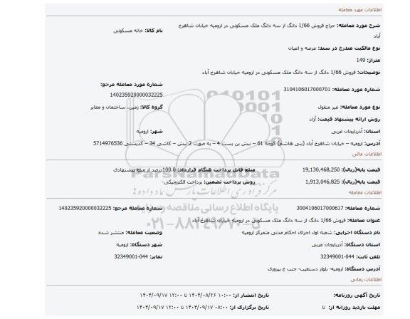 مزایده، فروش 1/66 دانگ از سه دانگ ملک مسکونی در ارومیه خیابان شاهرخ آباد