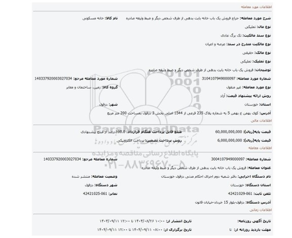 مزایده، فروش یک باب خانه بابت بدهی از طرف شخص دیگر و ضبط وثیقه صادره