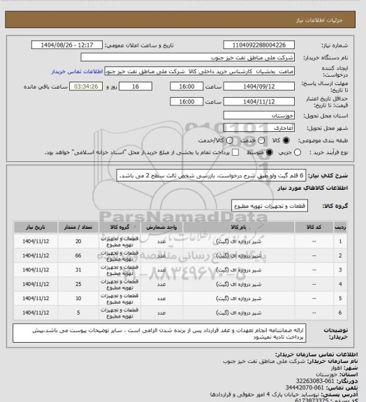 استعلام 6 قلم گیت ولو طبق شرح درخواست، بازرسی شخص ثالث سطح 2 می باشد.