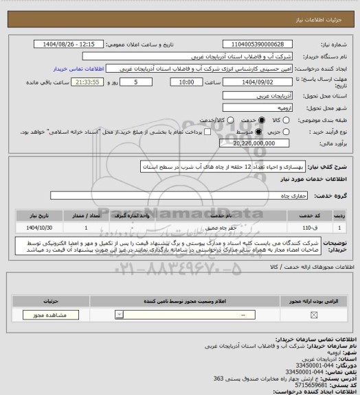 استعلام بهسازی و احیاء تعداد 12 حلقه از چاه های آب شرب در سطح استان