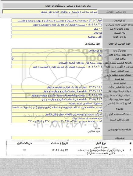 مناقصه, تجدید مناقصه خرید غذای نیمروزی و صبحانه ( طبخ و توزیع ) در رستوران ساختمان ظفر