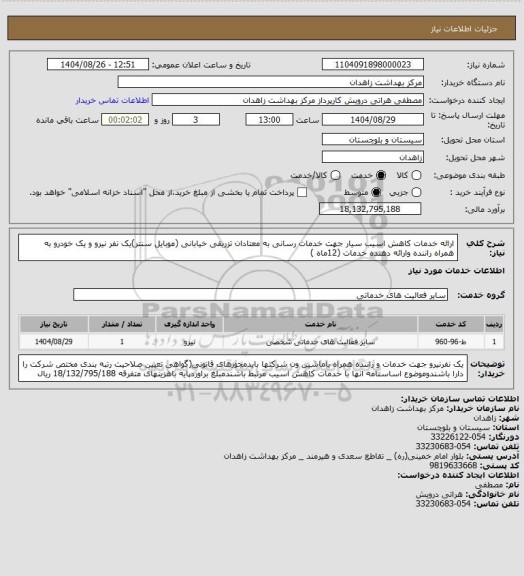 استعلام ارائه خدمات کاهش اسیب سیار جهت خدمات رسانی به معتادان تزریقی خیابانی (موبایل سنتر)یک نفر نیرو و یک خودرو به همراه راننده وارائه دهنده خدمات  (12ماه )