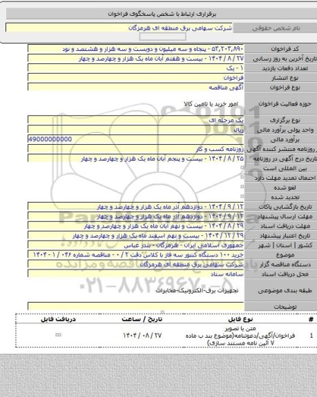 مناقصه, خرید ۱۰۰ دستگاه کنتور سه فاز با کلاس دقت ۲ / ۰ - مناقصه شماره ۰۴۶ / ۱ - ۱۴۰۴