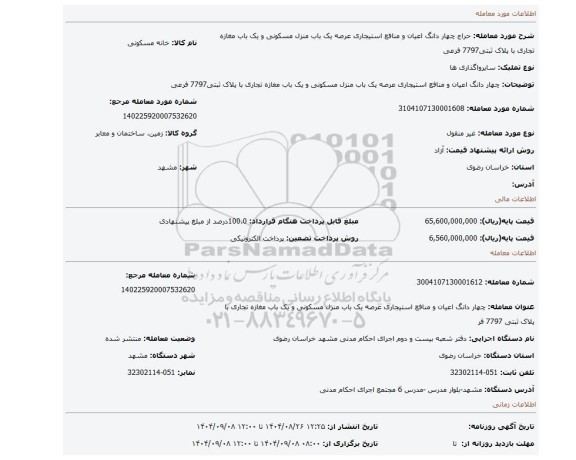 مزایده، چهار دانگ اعیان و منافع استیجاری عرصه یک باب منزل مسکونی و یک باب مغازه تجاری با پلاک ثبتی7797 فرعی