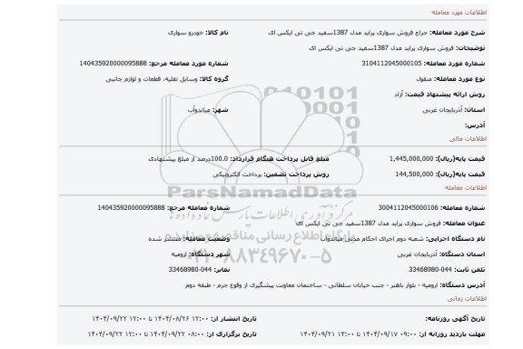 مزایده، فروش سواری پراید مدل 1387سفید جی تی ایکس ای