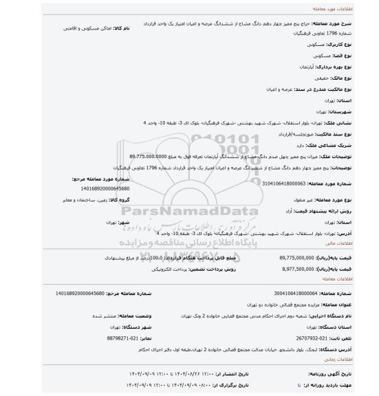 مزایده، پنج ممیز چهار دهم دانگ مشاع از ششدانگ عرصه و اعیان امتیاز یک واحد قرارداد شماره 1796 تعاونی فرهنگیان