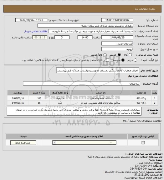 استعلام اجرای عملیات کانال سنگی روستای جانویسلو براساس مدارک فنی پیوستی