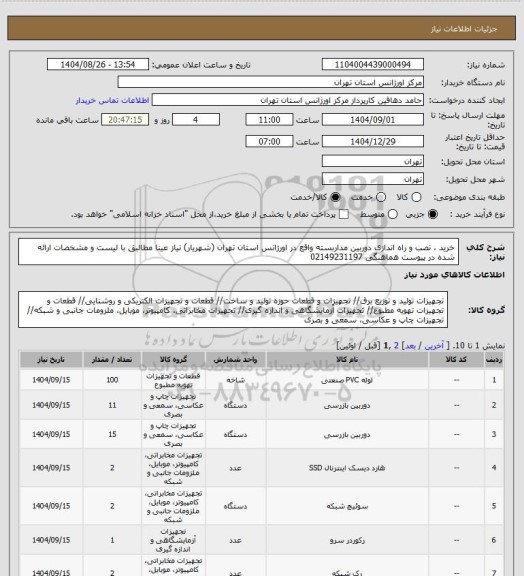 استعلام خرید ، نصب و راه اندازی دوربین مداربسته واقع در اورژانس استان تهران (شهریار) نیاز عینا مطالبق با لیست و مشخصات ارائه شده در پیوست هماهنگی 02149231197