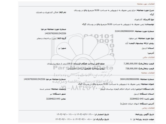 مزایده، زمین معروف به شهریولی به مساحت 9100 مترمربع واقع در روستای گوگه