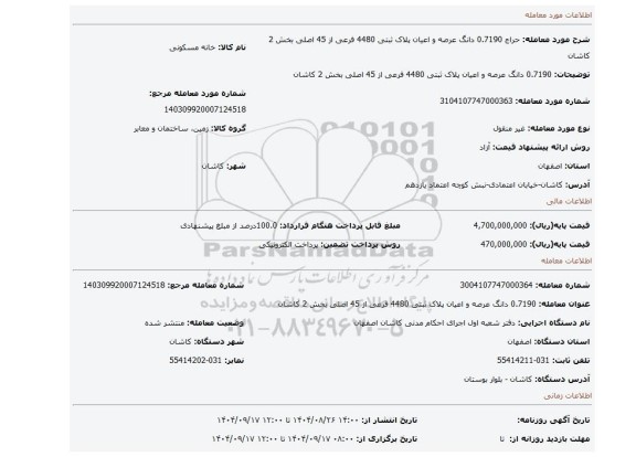 مزایده، 0.7190 دانگ عرصه و اعیان پلاک ثبتی 4480 فرعی از 45 اصلی بخش 2 کاشان
