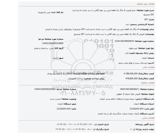 مزایده، فروش  6 دانگ یک قطعه زمین زیر جوی آقائی با سند عادی به مساحت 257 مترمربع