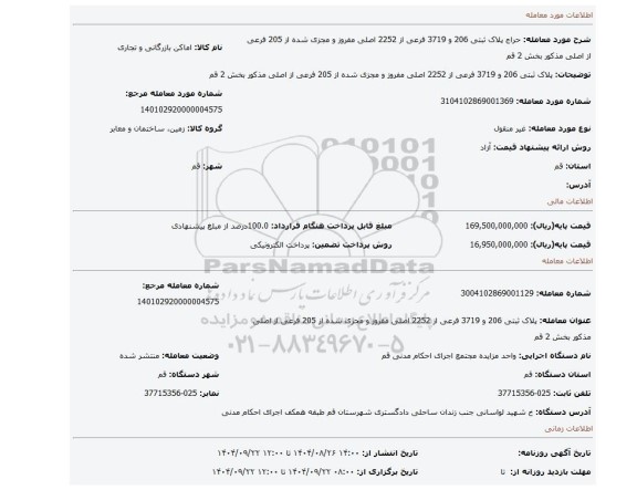مزایده، پلاک ثبتی 206 و 3719  فرعی از 2252 اصلی مفروز و مجزی شده از 205 فرعی از اصلی مذکور بخش 2 قم