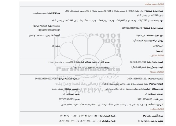 مزایده، مقدار 2782/ 5 سهم مشاع از 666/ 26 سهم مشاع از 240 سهم ششدانگ پلاک ثبتی 2249 اصلی بخش 2 قم