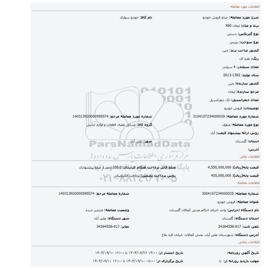 مزایده، فروش خودرو