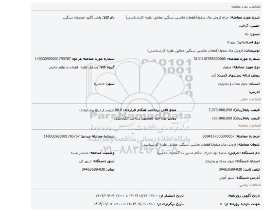 مزایده، فروش مال منقول(قطعات ماشین سنگین مطابق نظریه کارشناسی)