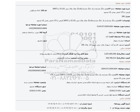 مزایده، 90هزارم دانگ مشاع از یک دانگ مشاع از6دانگ ملک پلاک ثبتی 31132 از 30973 فرعی از 175 اصلی بخش 10 مشهد