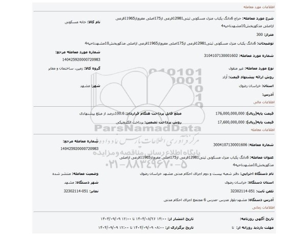مزایده، 6دانگ یکباب منزل مسکونی ثبتی12981فرعی از175اصلی مفروزاز11965فرعی ازاصلی مذکوربخش10مشهدناحیه4