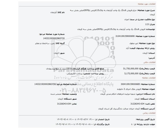 مزایده، فروش 6دانگ یک واحد آپارتمان به پلاک115فرعی از2978اصلی بخش سه کرمان