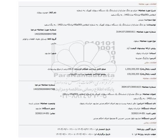 مزایده، دو دانگ مشاع از ششدانگ یک دستگاه سواری کوییک، به شماره انتظامی:593ھ95-ایران42 مدل:1402 ، به رنگ:سفید