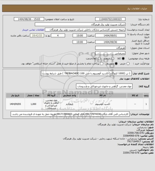 استعلام 1 تن (1000 کیلوگرم) اکسید آلومینیوم با مش 100 (TREIBACHER )  طبق شرایط پیوست