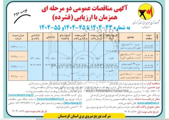 مناقصه خرید 3100 عدد انواع جلوبر تک و دو و سه مقره...
