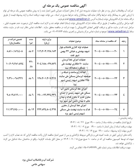 آگهی مناقصه عمومی عملیات لوله گذاری فاضلاب بلوار شهید بهشتی....