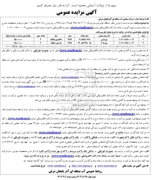 مزایده فروش  فروش یک دستگاه خودروی سواری پژو 405 و یک دستگاه پژو پارس
