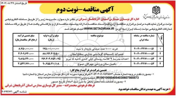 مناقصه خرید 10000 عدد صندلی بازودار با سبد.... نوبت دوم 