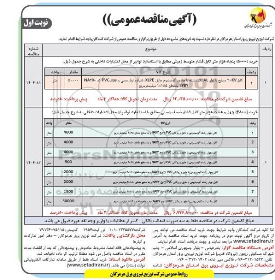 مناقصه خرید 50000 متر کابل فشار متوسط زمینی....