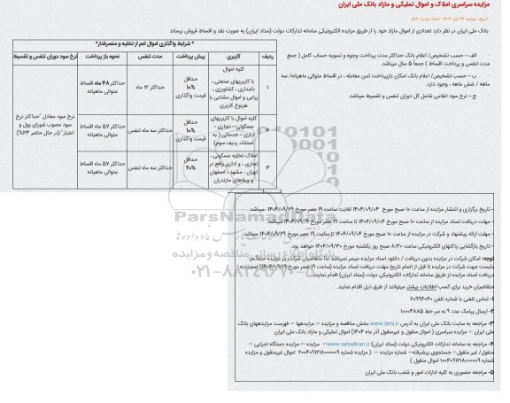 مزایده سراسری املاک و اموال تملیکی و مازاد بانک ملی