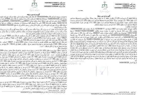 مزایده ششدانگ یک قطعه آپارتمان با کاربری مسکونی به پلاک ثبتی 1908 فرعی از 19627 اصلی 