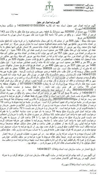 مزایده 11250 سهم مشاع از 920000 سهم ششدانگ یک قطعه زمین مزروعی