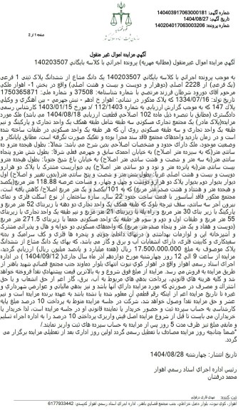مزایده یک دانگ مشاع از ششدانگ پلاک ثبتی 1 فرعی یک فرعی از 2228 اصلی 