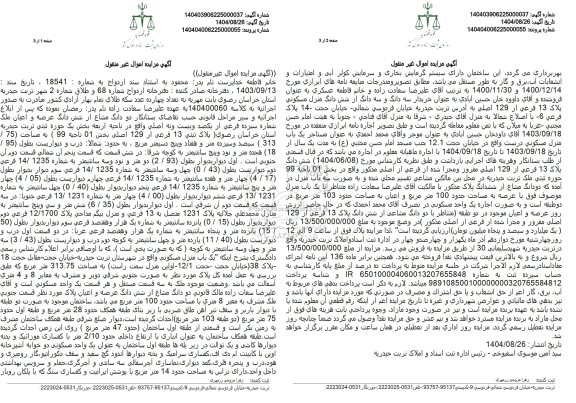 مزایده دو دانگ از شش دانگ عرصه و اعیان ملک شماره سیزده فرعی از یکصد و بیست و نه ...