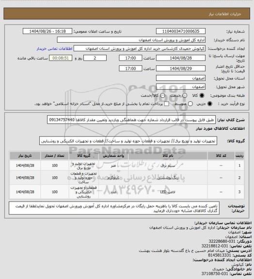 استعلام طبق فایل پیوست در قالب قرارداد شماره جهت هماهنگی وبازدید وتعیین مقدار کالاها 09134757440