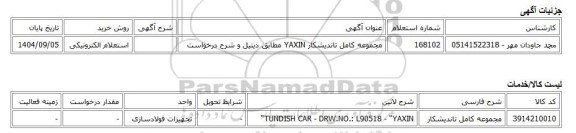 استعلام الکترونیکی، مجموعه کامل تاندیشکار YAXIN مطابق دیتیل و شرح درخواست