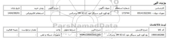 استعلام الکترونیکی، پچ کورد فیبر سینگل مود 3M SC-LC برندرکس